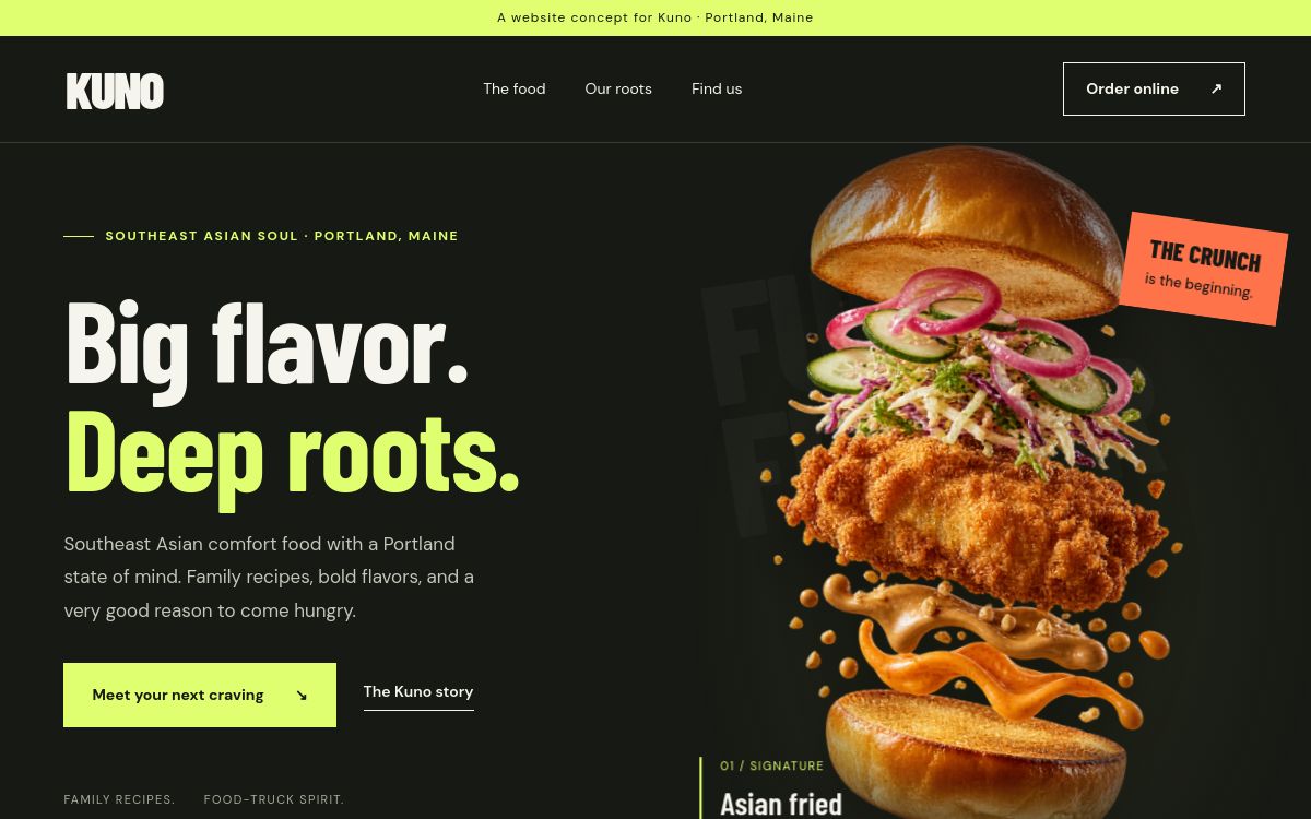 Kuno concept website: bold lime typography and a layered sandwich